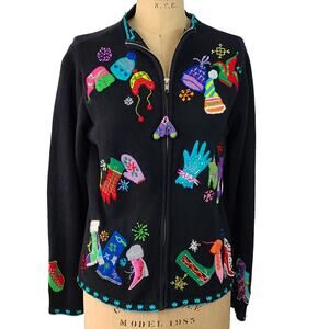 Vintage black zip cardigan sweater bright winter caps mittens Small